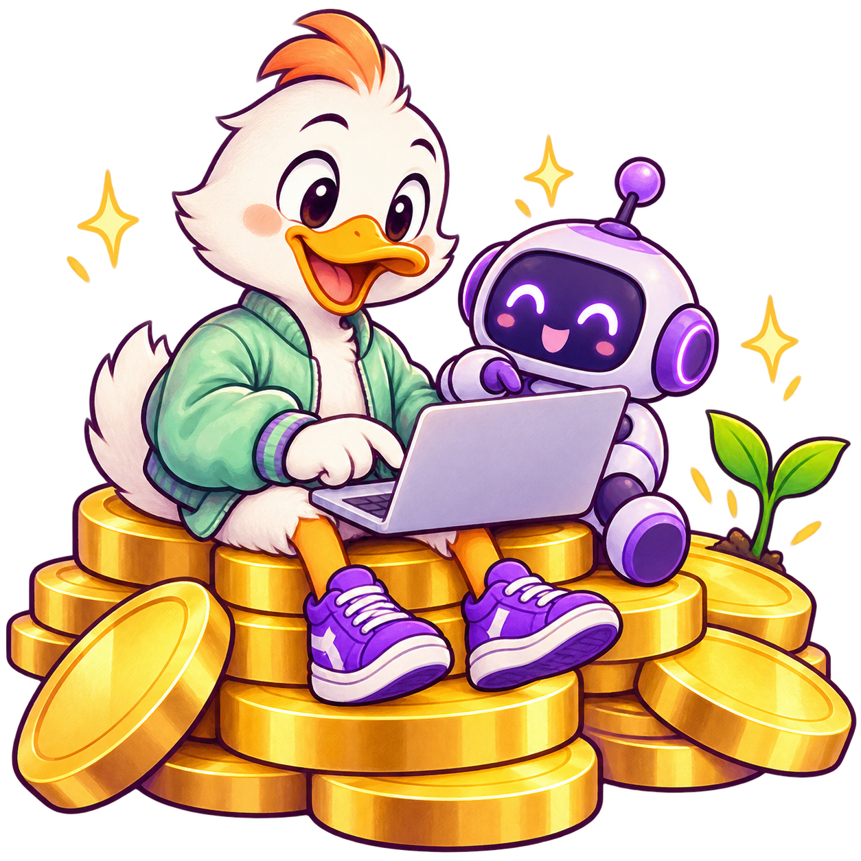 An original entrepreneurial duck and a friendly AI robot working together above a pile of gold coins.